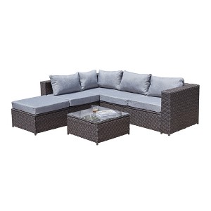 4 Pieces Wide Outdoor Rattan Sectional Sofa with Cushions - Small Patio Wicker Furniture,PE Rattan Sectional Sofa Set with Tempered Glass Desktop - 1 of 4