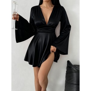 Coolmee Women's Elegant V Neck Satin Mini Dress Ruched Waist Long Bell  Sleeve Flowy Party Short Dresses Black L : Target