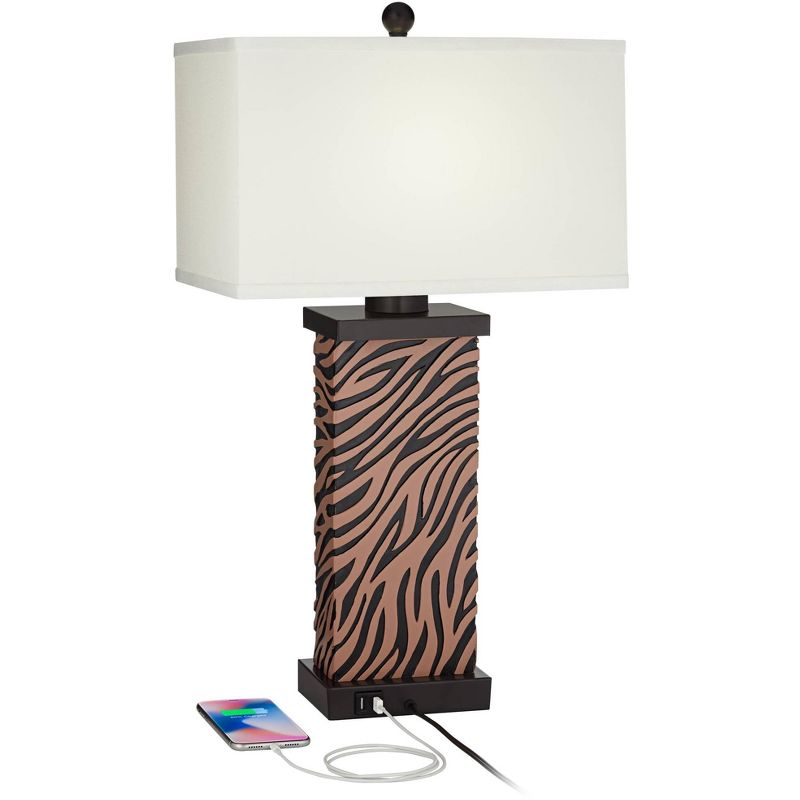 360 Lighting Modern Table Lamps Set of 2 with USB Charging Port 27" Tall Zebra Faux Wood Off-White Fabric Shade for Bedroom Bedside House, 3 of 10