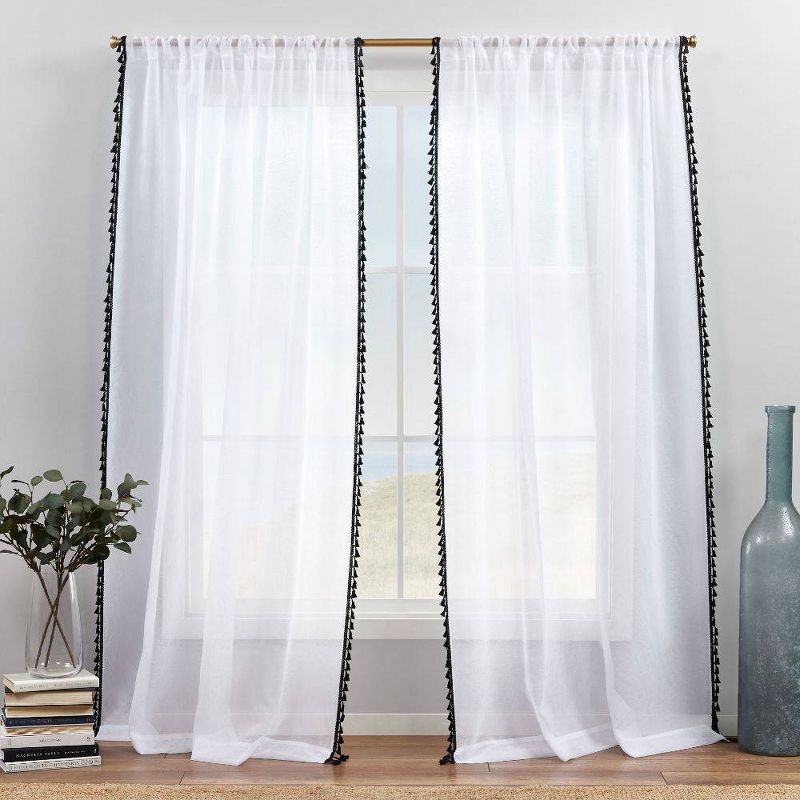 Set of 2 Tassels Sheer Rod Pocket Window Curtain Panel - Exclusive Home, 1 of 8