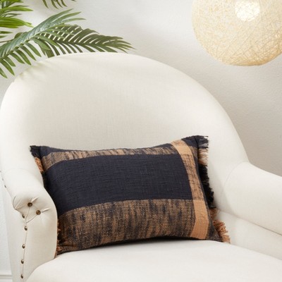 Oversized Black and Beige Plaid Cotton Throw Pillow