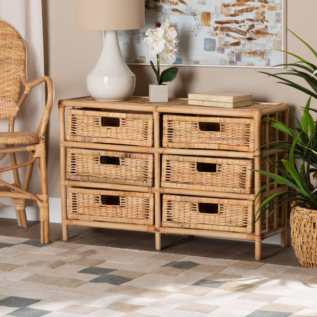 bali & pari Dariana Rattan 6 Drawer Storage Cabinet Natural/Brown: Bohemian Style, Plywood Frame, No Assembly Required - thumbnail 2