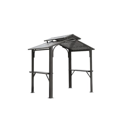 8×5 FT Hardtop Grill Gazebo, Gazebo with Double Galvanized Steel Roof, Canopy Shelter with 2 Cabinets and Ceiling Hooks-Coolbibila