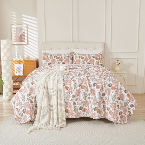Acoinel Coastal Coral & Seashell Quilt Set - 3-Piece Reversible Bedspread with Pillow Shams,King