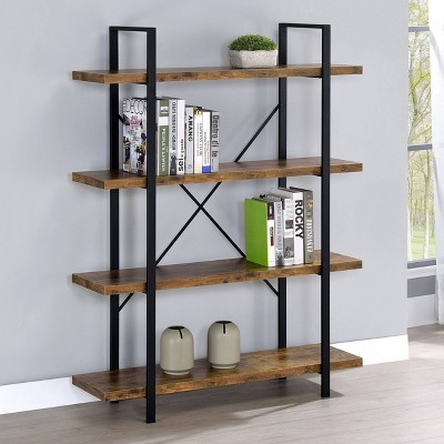 Rustic 55" Brown and Black Transitional 4-Shelf Bookcase