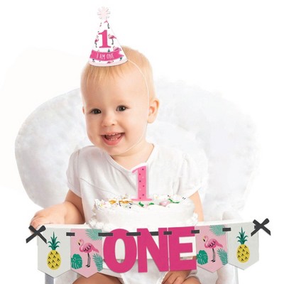 Big Dot of Happiness Pink Flamingo - Party Like a Pineapple 1st Birthday - First Birthday Girl Smash Cake Decor Kit - Tropical High Chair Decorations