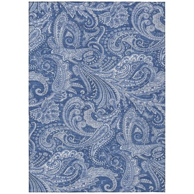 Navy Blue And Denim Blue Paisley Washable Indoor Outdoor Area Rug
