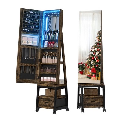 Whizmax 360° Swivel Jewelry Cabinet with LED Lights,Inside Makeup Mirror,Rotatable Full Length Mirror with Jewelry Storage for Bedroom