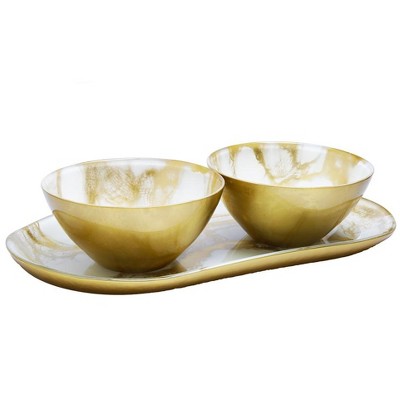 Classic Touch White and Gold Marbleized 2 Bowl Relish Dish