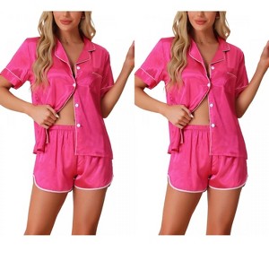 INSPIRE CHIC Women's 2 Pcs Satin Pajamas Silky Short Sleeve Button Down Pajama Sets - 1 of 4