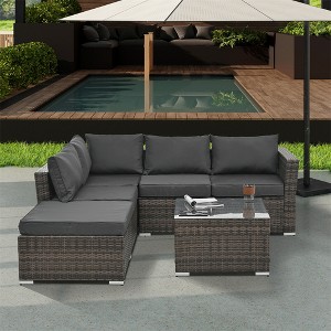 ELJGET 4 Pieces Patio Furniture Sets, All Weather Outdoor Sectional Patio Sofa, Wicker Rattan Patio Seating Sofas with Cushion and Glass Table - 1 of 4