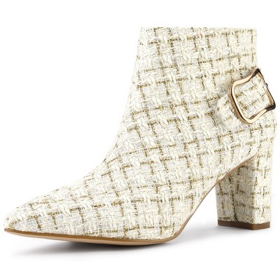 Allegra K Women's Plaid Pointed Toe Chunky Heels Ankle Boots