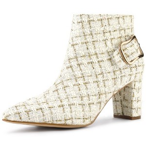 Allegra K Women's Plaid Pointed Toe Chunky Heels Ankle Boots - 1 of 4