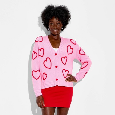 33 Degrees Women's Hearts Graphic Cardigan Sweater Ribbed Knit