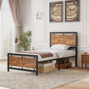 VECELO Twin/Full/Queen/King Size Bed Frame with Wooden Headboard, Metal Bed Platform No Box Spring Needed with Heavy Duty Steel Slat, Brown - 1 of 4