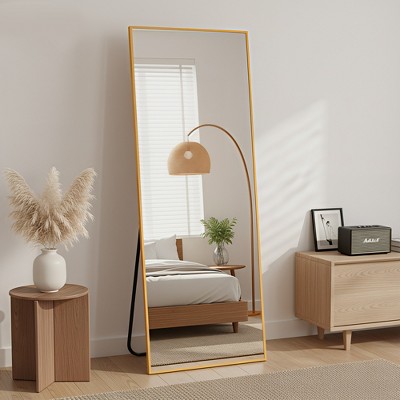 MAYEERTY Aluminum Full-Length Mirror 57x20in, Gold, Right Angle, Tempered Glass, With Stand