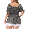Agnes Orinda Women's Plus Size Floral Square Neck Smocked Bow Tie Short Sleeve Peplum Blouses - 4 of 4
