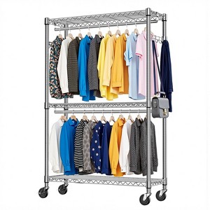 AZL1 Life Concept Garment Rack Rolling Heavy Duty 3 Tiers Adjustable Wire Shelving with 2 Rods Side Hooks for Laundry, Silver, 45.7"*16.6"*4.6" - 1 of 4