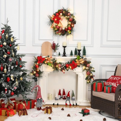 Christmas Lighted Garland, 6FT Pre-Lit Christmas Garland with Ball Ornaments, Flowers, Ribbons, Pine Cones, Berries for Door Stairs Mantle Decoration