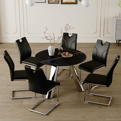 NicBex 5 PCS/7 PCS Dining Table Set,Round Dining Table with Black Sintered Stone Tabletop and 4/6 PU Chairs for Kitchen/Apartment