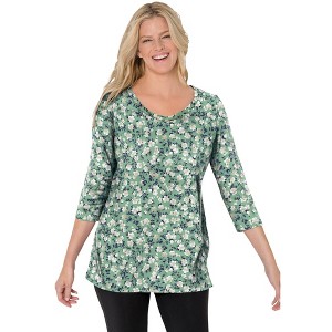 Woman Within Plus Size Perfect Printed Three-Quarter Sleeve V-Neck Tee - 1 of 4