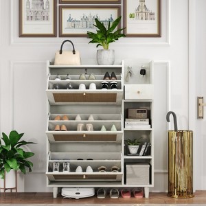 SKRAN Shoe Rack Cabinet with 3 Rattan Flip Drawers,3 Square Shelves and 1 Drawer with Multi-Storage Space and Hooks for Hallway - 1 of 4