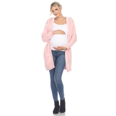 Maternity Hooded Open Front High Pile Fleece Coat -White Mark