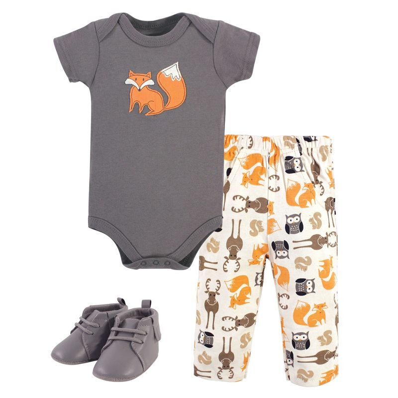 Hudson Baby Infant Boy Cotton Bodysuit, Pant and Shoe 3pc Set, Boy Forest, 1 of 4