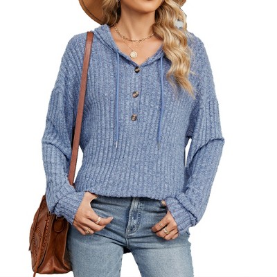 Women Pullover Button Long Sleeve Blouse, Blue, XL