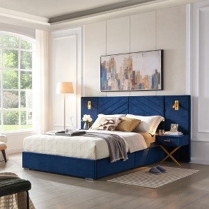 Whisen Queen Size Velvet Bed Frame, Upholstered Platform Bed, Vertical Channel Tufted Wingback Headboard - 1 of 4