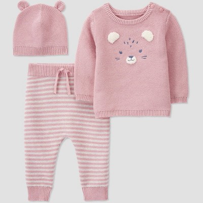 Image of Carter's Just One You®️ Baby Girls' 3pc Cat Sweater & Bottom Set - Pink Newborn