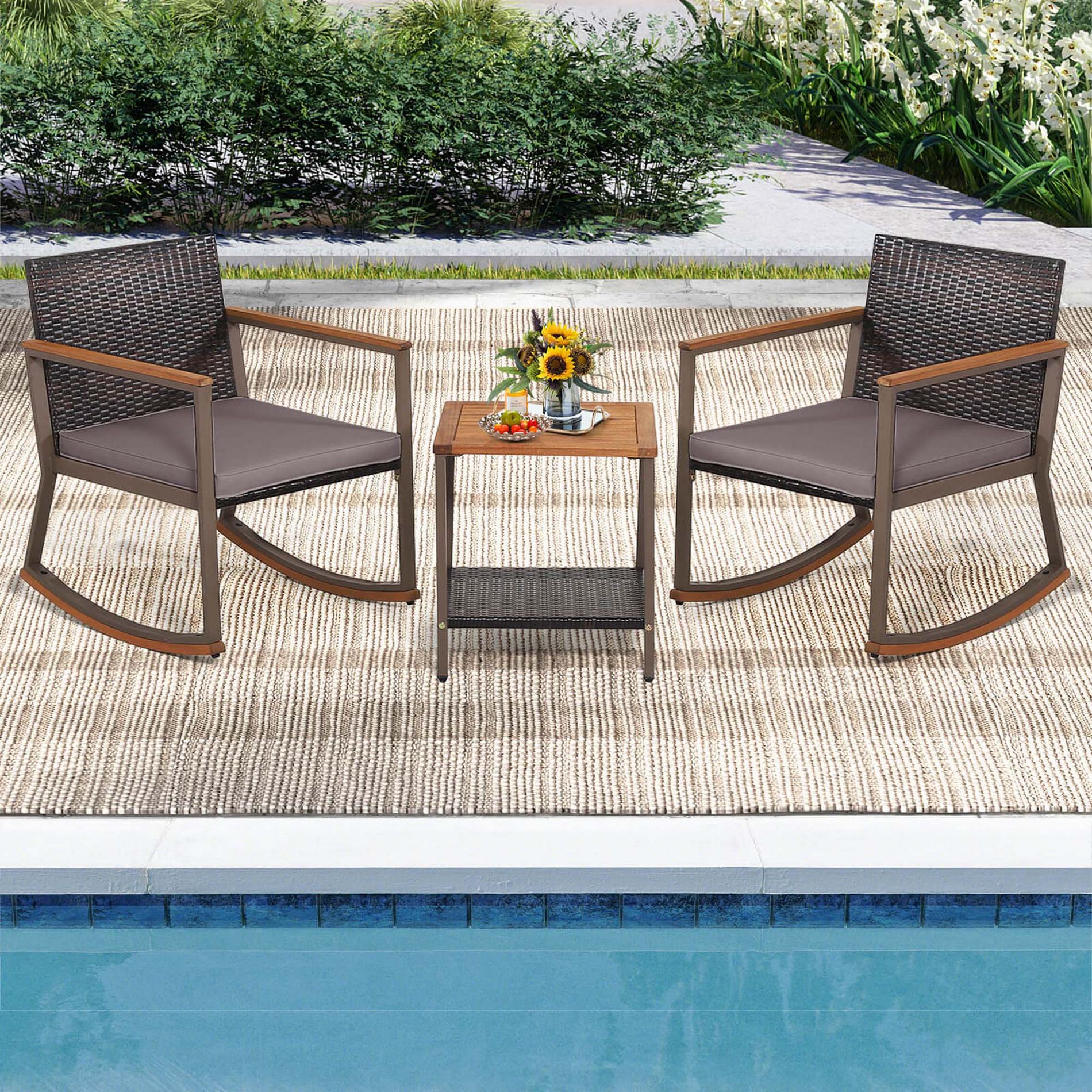 Costway 3 PCS Patio Rattan Rocking Chair Bistro Set Armrest Cushion Table with Storage Shelf Grey