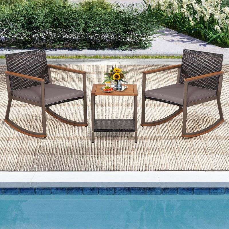 Costway 3 PCS Patio Rattan Rocking Chair Bistro Set Armrest Cushion Table with Storage Shelf Navy/Grey/Off White, 1 of 11