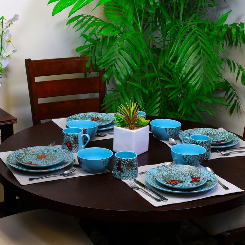 Elama Mariposa Paradise 16 Piece Stoneware Dinnerware Set in Blue and Orange, 4 of 7