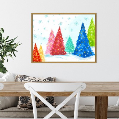 Magic Christmas Trees Multicolor Canvas Print with Gold Frame