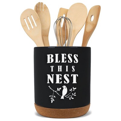 Elanze Designs Bless This Nest Black X-Large Cork Bottom Kitchen Utensil Holder