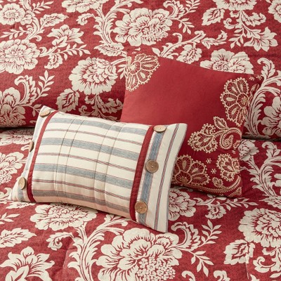 Red Floral Cotton Queen Duvet Cover Set with Shams