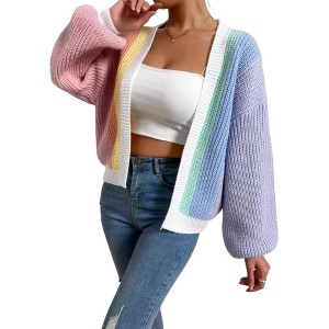 Coolmee Women's Cardigan Color Block Open Front Long Sleeve Ribbed Knit Cropped Cardigan Sweater - 1 of 4