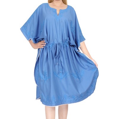 LA LEELA Women's House Daily Routine Evening Wear Vacation Casual Dailywear Holiday Loose House Dress Caftan Mini Loungewear Tunics 2X-3X Blue, Solid