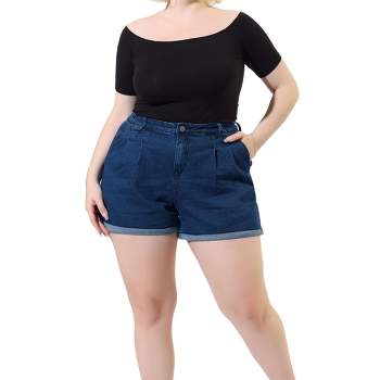 Agnes Orinda Women's Plus Size Jean Short Zipper Roll Up Hem Stretched Denim Shorts