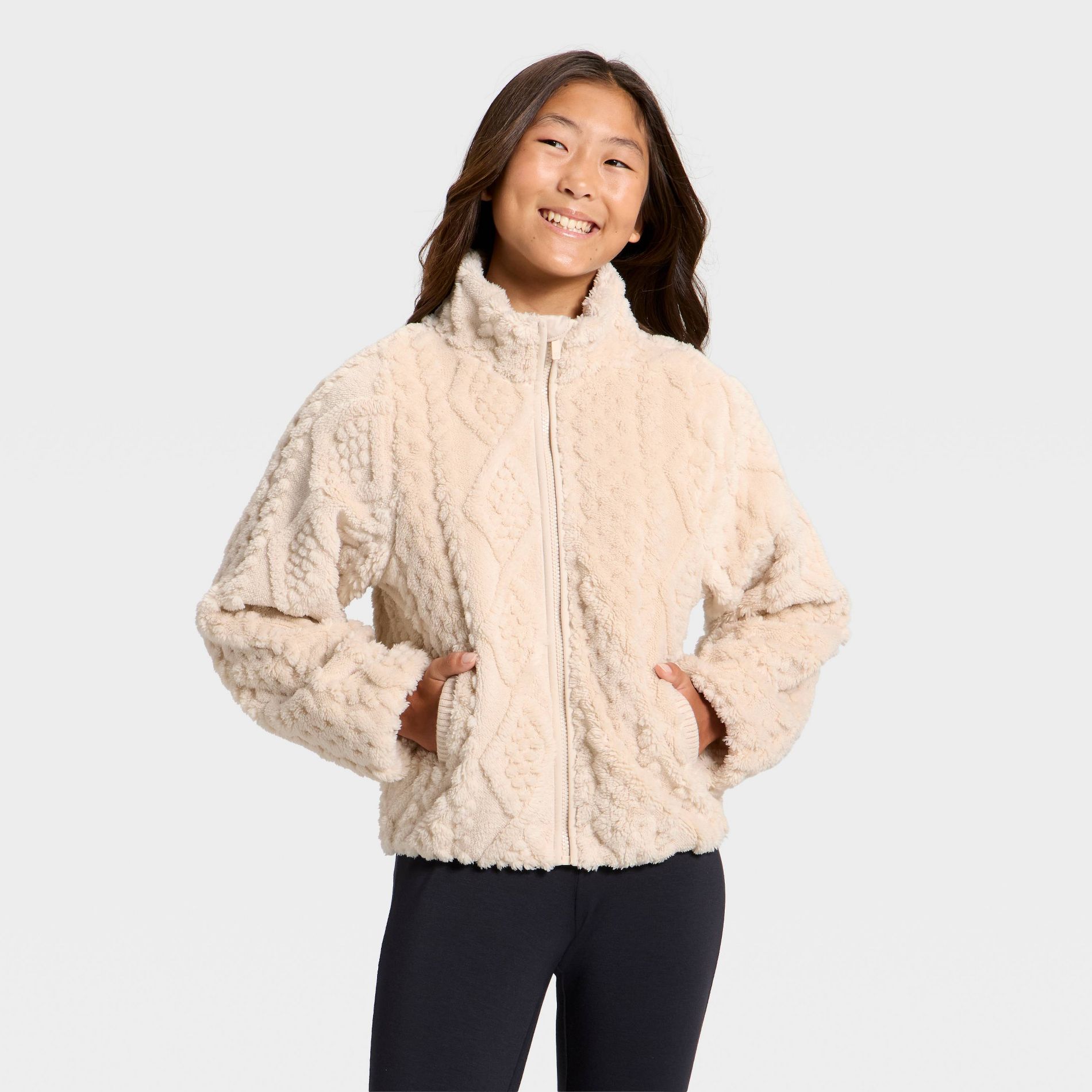 Girls' High Pile Cable Texture Full Zip Jacket - All In Motion™