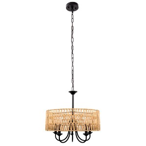 DORESshop 5-Light Modern Farmhouse Brown Round Rattan Pendant Rattan Drum Chandelier with Woven Rattan Shade for Dining Room - 1 of 4