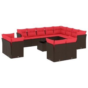vidaXL 13 Piece Patio Sofa Set with Cushions Brown and Red - With Table - 1 of 4