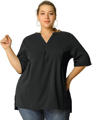 Agnes Orinda Women's Plus Size Casual Solid V Neck 1/2 Sleeves Pleated Blouses