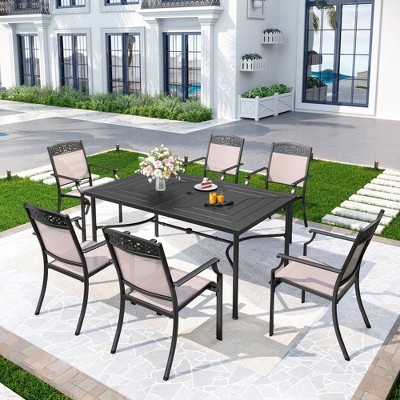 7pc Outdoor Dining Set with Sling Chairs & Large Rectangle Table with Umbrella Hole - Captiva Designs: Weather-Resistant Patio Furniture