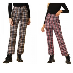 INSPIRE CHIC Women's Plaid Tartan High Waisted Button Casual Pants 2 Packs - 1 of 4