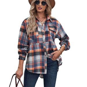 Coolmee Women's Plaid Shirts Long Sleeve Turn-Down Collar Button Down Tops Ruched Waisted Pleated Blouses with Pockets M Orange - 1 of 4