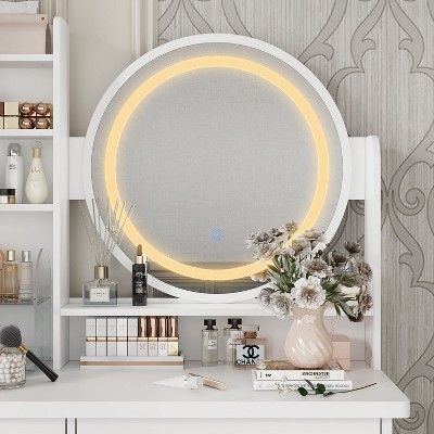White Wood Makeup Vanity Set with LED Mirror and Stool