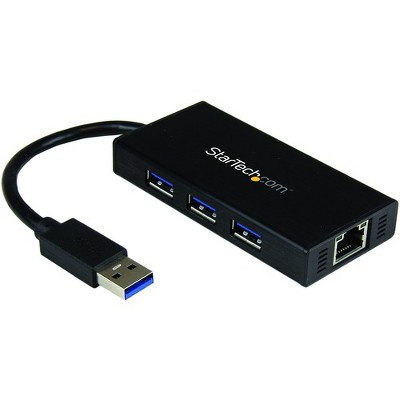 StarTech.com 3 Port Portable USB 3.0 Hub with Gigabit Ethernet Adapter NIC - Aluminum w/ Cable - USB 3.0 Type A - External - 3 USB Port(s)