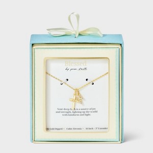 14K Gold Dipped Cubic Zirconia Duo Cross Necklace - Gold - 1 of 4